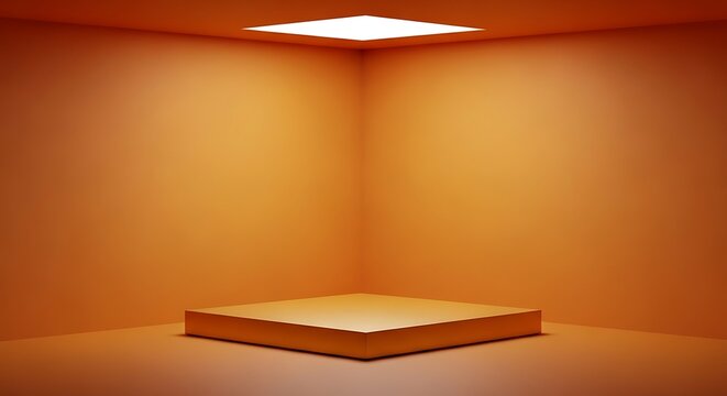 Empty orange studio corner with illuminated pedestal for product display and showcase