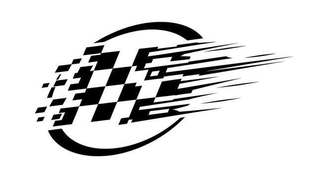 Speeding checkered flag racing emblem with oval motion blur effect