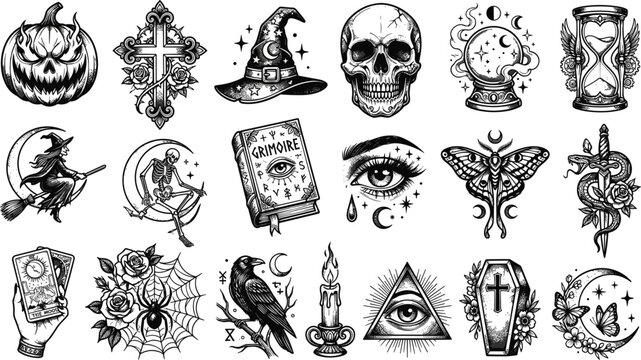 Vintage Gothic Tattoo Flash Art Vector Set Featuring Hand Drawn Occult Grimoire Skull Witch Tarot Cards Coffin and Mystical Symbol IllustrationsVintage Gothic Tattoo Flash Art Vector Set Featuring Han