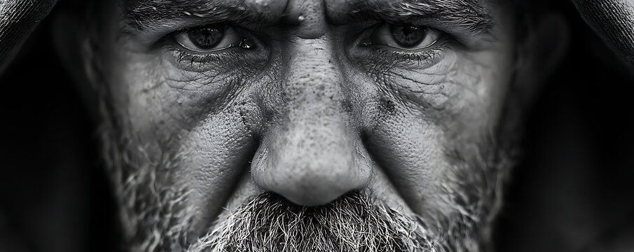 Close-up black and white portrait of a weathered man with intense eyes