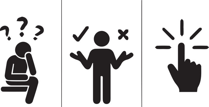 Decision making process icon set, black stick figure thinking and choosing between options, hand clicking button vector illustration