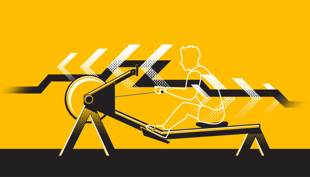 A silhouette of a man training the rowing machine workout of Hyrox functional training.