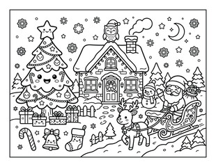 Naklejka premium Christmas adorable snowy holiday village with cheerful festive characters coloring page scene