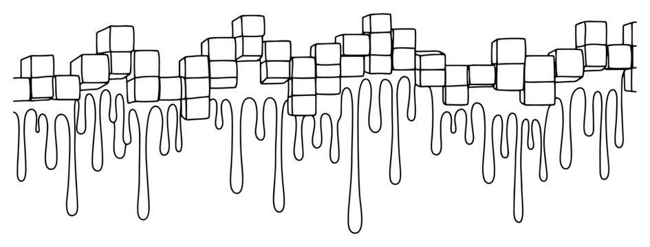 Geometric cubes with melting liquid drips in minimalist line art style