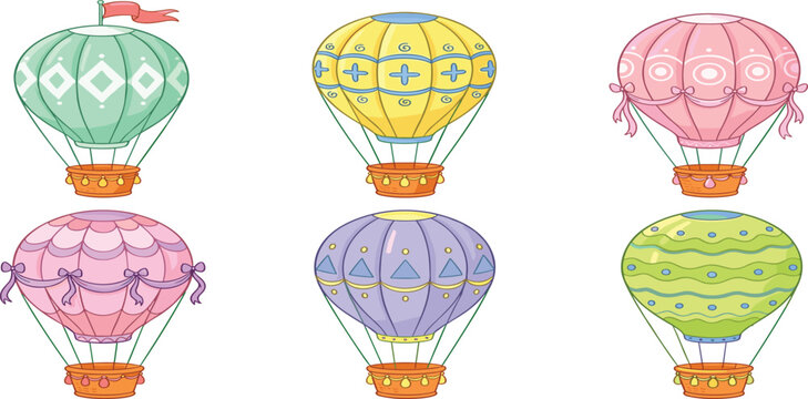 Cute Hot Air Balloon Vector Illustration Set Featuring Colorful Pastel Aerostats with Geometric Patterns and Bows for Nursery and Birthday Designs