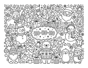 Fototapeta premium Christmas playful winter doodle collection with festive holiday characters coloring page design