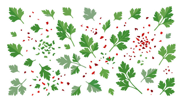Fresh parsley leaves and red chili flakes scattered across a clean white background in a minimalist flat vector style