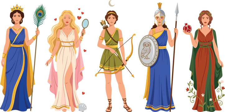 Ancient Greek Goddesses Vector Character Set Featuring Hera Aphrodite Artemis Athena and Persephone for Mythology Education History and Fantasy Designs