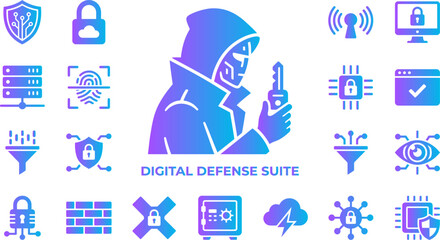 Digital defense suite icons for cybersecurity technology data protection and network security. © FahimBD