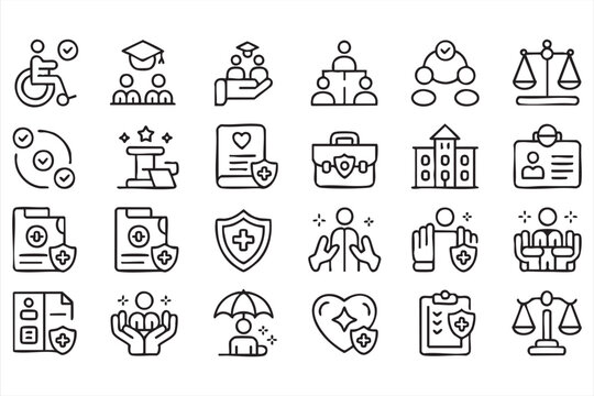 Welfare support icon set for social assistance, healthcare benefits, legal rights and public service graphics