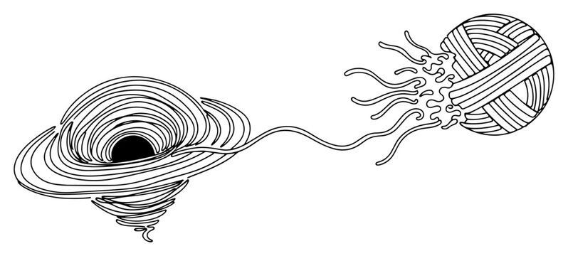 Swirling black hole vortex connected to ball of yarn by a single thread in surreal line art style