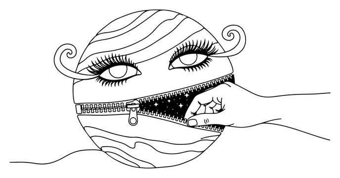 Hand unzipping circular head with eyes revealing starry space in surreal line art style
