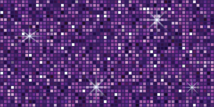 Vibrant purple pixelated background with sparkling light effects, ideal for modern digital designs and festive event backdrops.