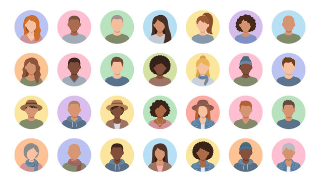 Diverse people avatars collection with anonymous male and female faceless portraits | Minimal flat vector illustration icon set for profile user team