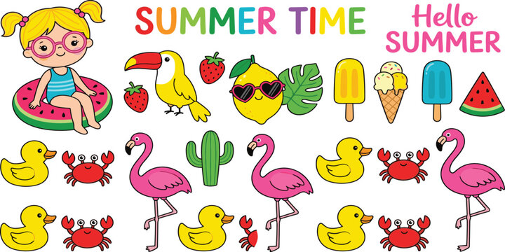 Cute Summer Time Vector Sticker Set with Cartoon Girl Flamingo Toucan Rubber Duck Crab Lemon and Ice Cream for Tropical Vacation Kids Designs