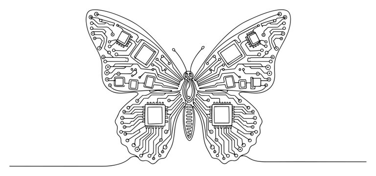 Butterfly with wings made of electronic circuit boards and computer chips in technical linear style