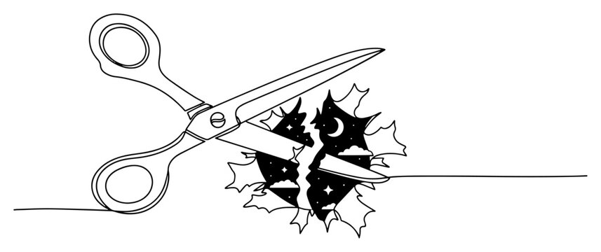 Scissors cutting through material revealing starry night sky in minimalist line art style