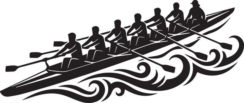 Rowing team silhouette vector, competitive eight-person sculling crew on water, black and white rowing boat graphic for sports club branding