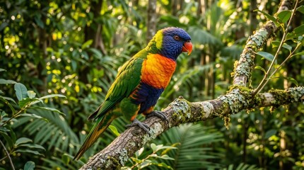Obraz premium A colorful parrot sitting on a tree branch in a forest