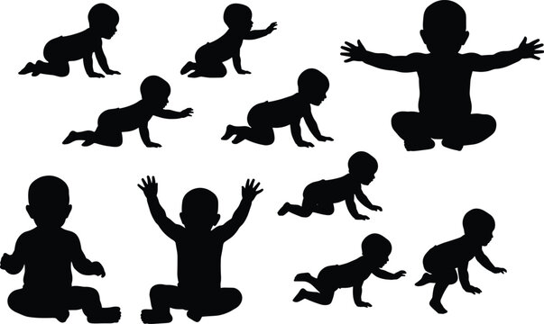 WebCollection of nine baby silhouettes in various poses including crawling and sitting, isolated on white background, representing infant growth, development, posture, and activity stages
