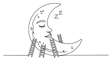 Sleeping crescent moon with face and ladders leaning against it representing dreams in minimalist continuous line art style © InsomniaVideo