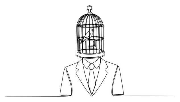 Businessman with birdcage head and bird inside representing mental limitation in minimalist continuous line art style