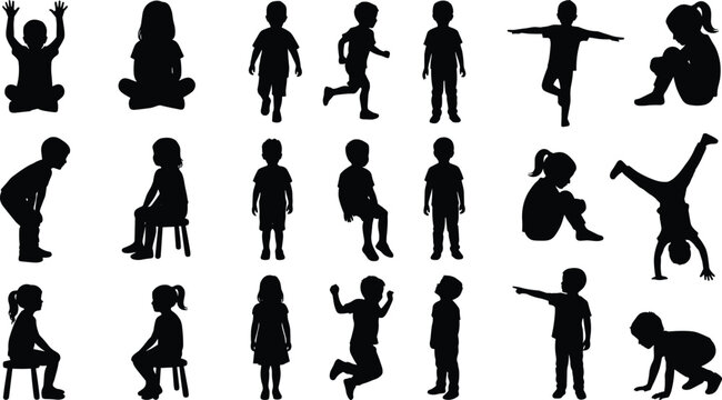 WebExtensive collection of diverse child and toddler silhouettes featuring active poses like jumping running sitting on chairs and doing handstands for creative vector design projects