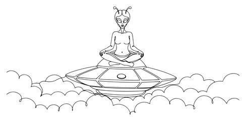 Female alien meditating on top of flying saucer above clouds in minimalist line art style © InsomniaVideo