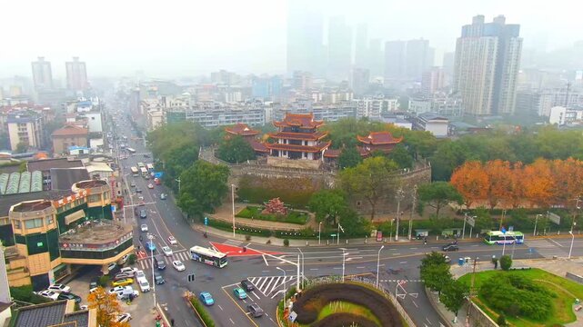 Yueyang Tower historic pavilion and ancient city wall in urban Yueyang, China in Yueyang Tower, Yueyang, China