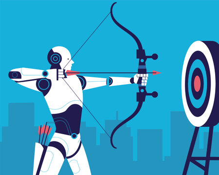 Robot aiming bow and arrow at target with cityscape background