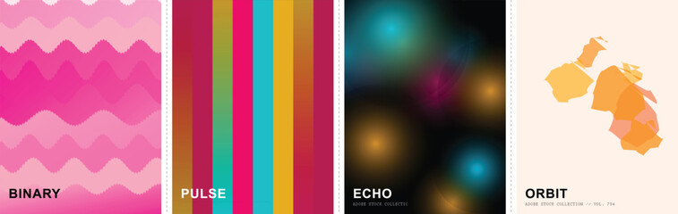 Obraz premium Modern abstract poster collection, set of 4 geometric vector backgrounds, colorful wave and stripe patterns, minimalist gradient art prints