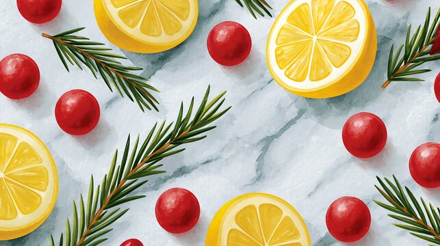 Citrus slices, cranberries, and pine branches on elegant marble surface