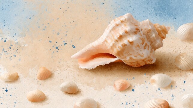 Beach scene with conch shell and pebbles