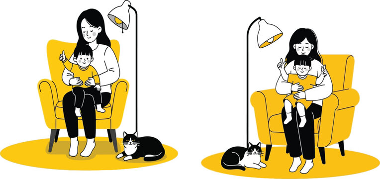 A woman sitting on a yellow armchair with a child on her lap and a cat beside them on a yellow rug with a lamp