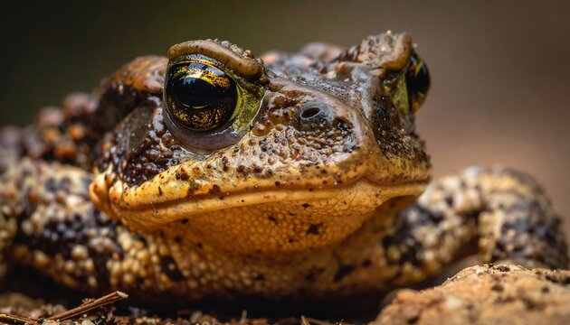 Close up of a textured toad with detailed skin and golden eyes