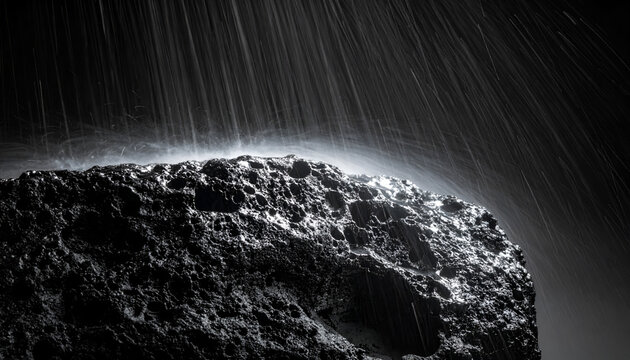 Large asteroid surface under heavy rain in dark space; cosmic scene black rock