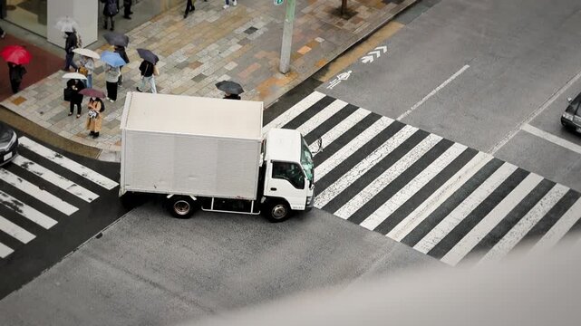Rainy Ginza Tokyo Crosswalk Delivery Truck Umbrella Pedestrians