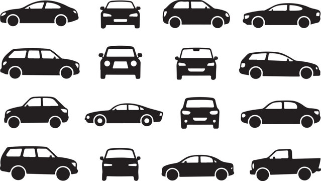 Various black and white car icons set