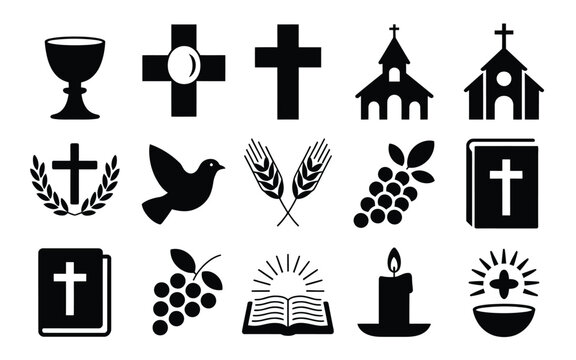 Grid layout of corpus christi religious symbols silhouette collection featuring crosses churches bible candle and grapevine icons in black and white for spiritual or faith based