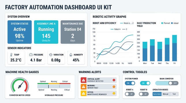 Factory automation dashboard UI design elements.