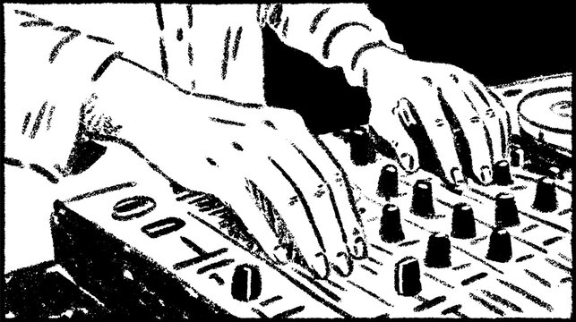 DJ hands controlling a music controller. Black and white monochrome vector illustration of mixing equipment set.