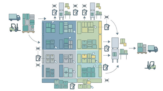 A complex flowchart diagram with various colored boxes and arrows.