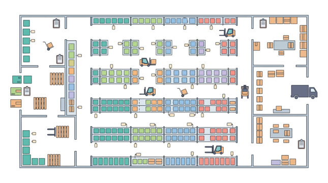 A colorful diagram of a warehouse layout.