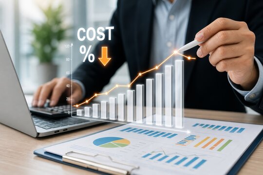 Man points to a downward arrow indicating cost reduction on a bar graph while working on his laptop.