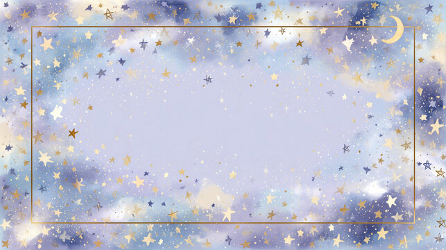 Whimsical Night Sky Watercolor Background with Gold Stars Frame