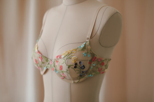 Lace underwire bra on mannequin. Delicate lingerie feminine design. Woman lingerie. Stylish sexy lingerie - bra on a mannequin isolated 
