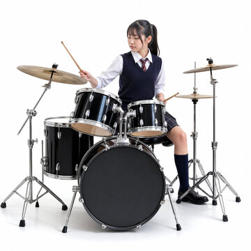 ドラムを叩く日本人の女子生徒 Japanese female stundent playing drums