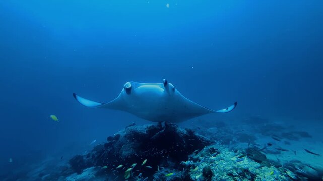 Majestic manta ray glides over coral reef in Maldives