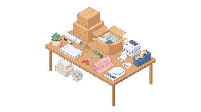 Isometric view of a cluttered office desk.