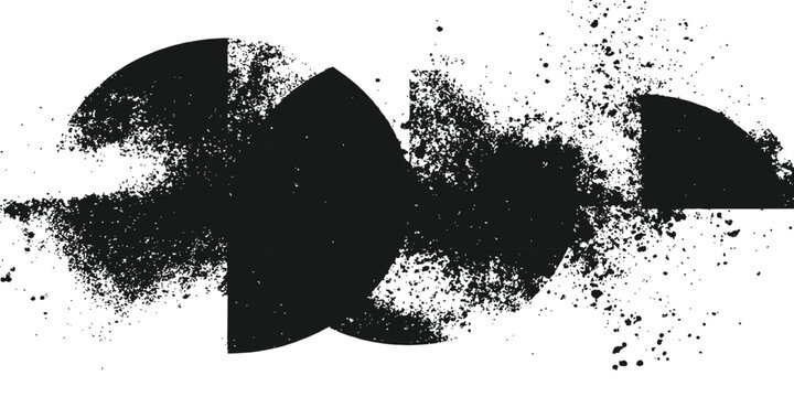 Abstract grunge geometric shapes background with distressed split circles and chaotic black ink splatters vector illustration.